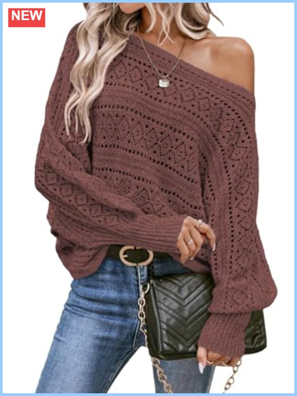 Crochet Boat Neck Long Batwing Sleeve Loose Knit Pullover Sweater